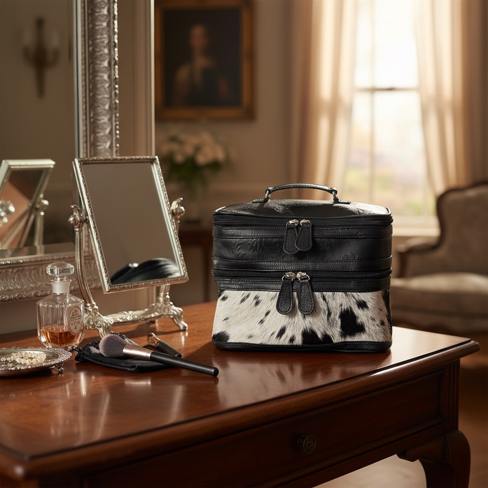 Black White Genuine Cowhide Embossed Leather Makeup Bag Travel Cosmetic Case